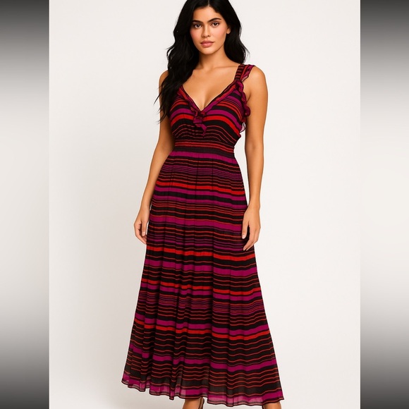 Aryn K Dresses & Skirts - Aryn K V-Neck Sleeveless Striped Maxi Dress Size XS Silk Ruffles Burgundy